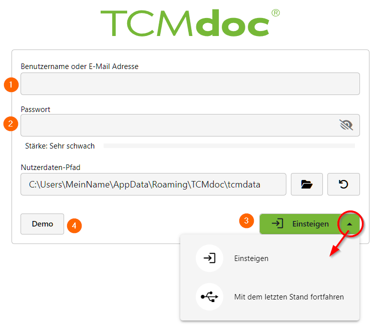 TCMdoc Handbuch Anmeldebildschirm