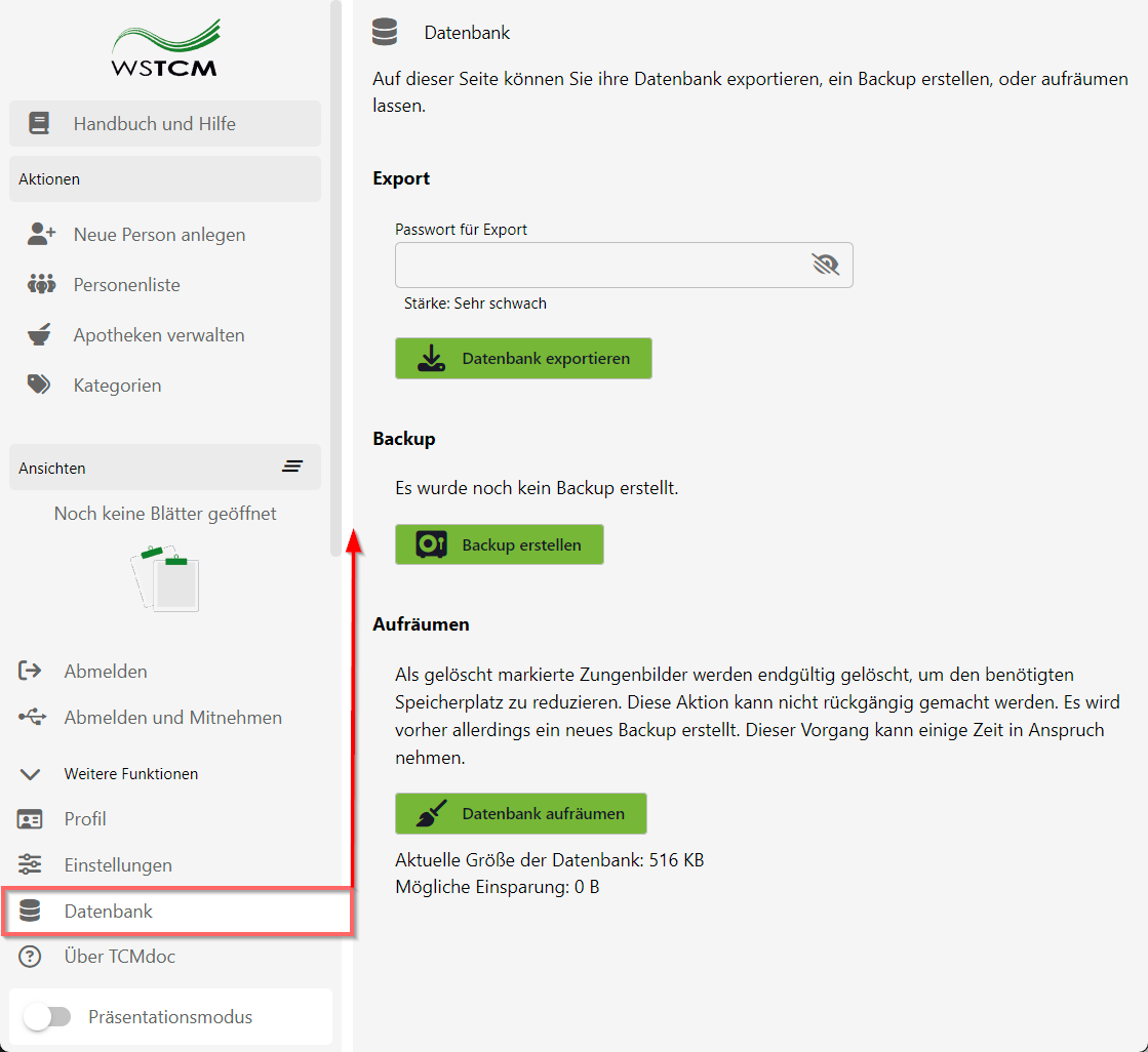 Illustration des Datenbank-Backup-Bereichs im TCMdoc