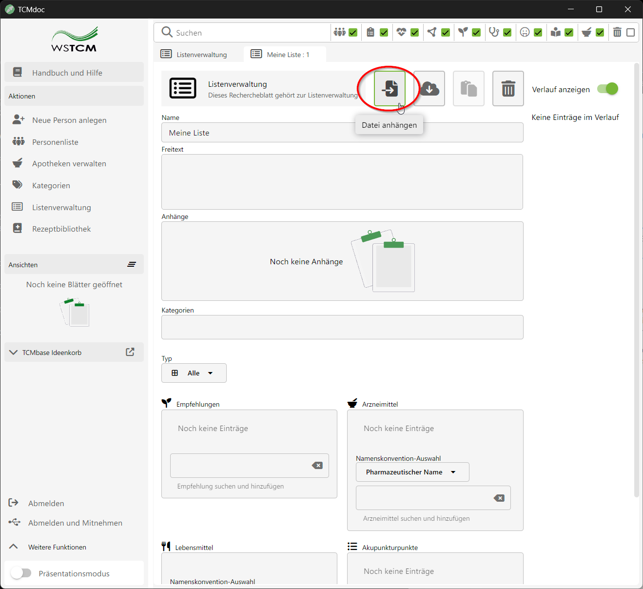 Screenshot der Listenverwaltung in der TCMdoc-Software. Ein roter Kreis hebt das Suchfeld im Bereich 'Empfehlungen' hervor, bei dessen Texteingabe ein Dropdown-Menü mit dem Vorschlag 'Mein Rezept' aus der Kategorie 'Eigene Bibliothek' erscheint.