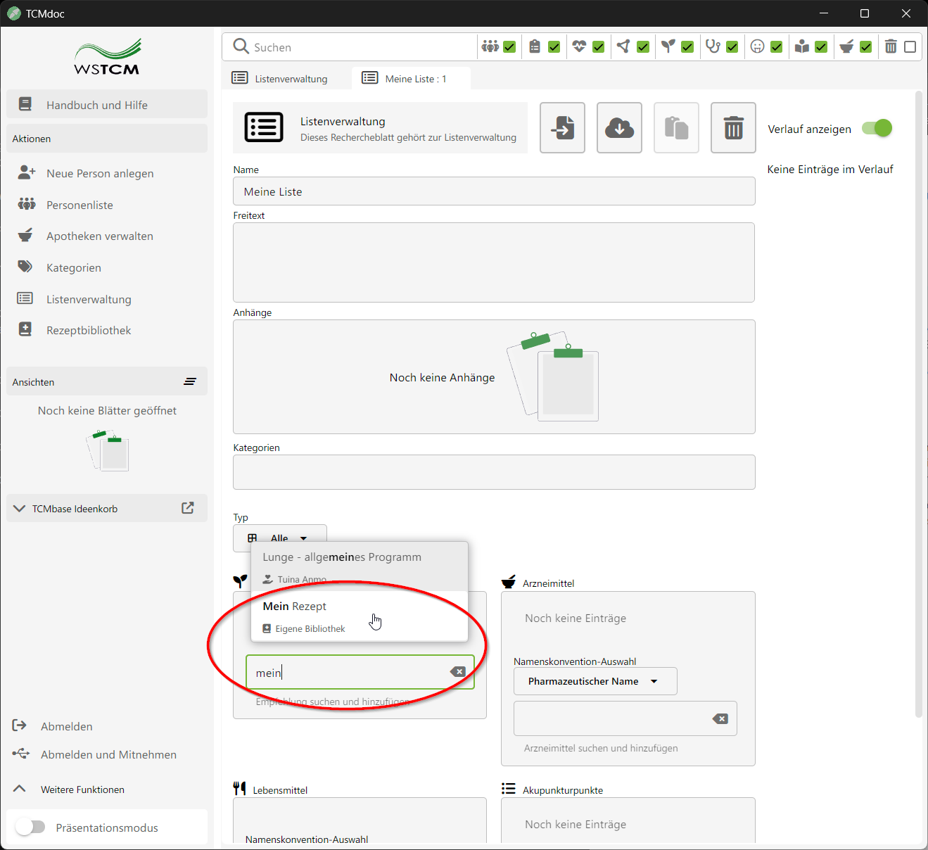 Screenshot der Listenverwaltung in der TCMdoc-Software. Ein roter Kreis markiert einen Button in der oberen Werkzeugleiste, dessen Tooltip 'Datei anhängen' anzeigt.