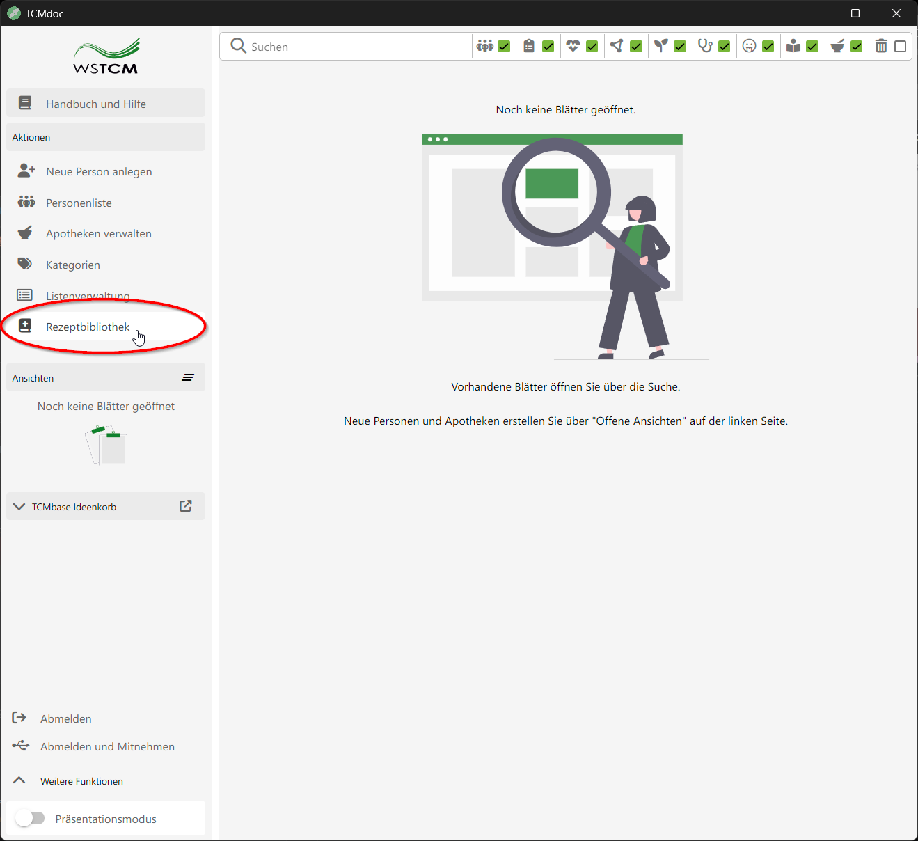 Screenshot der TCMdoc-Software. In der linken Navigationsleiste ist der Menüpunkt 'Rezeptbibliothek' mit einem roten Kreis hervorgehoben.