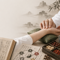 zu sehen ist, wie eine Arzthand den Puls einer anderen Person tastet